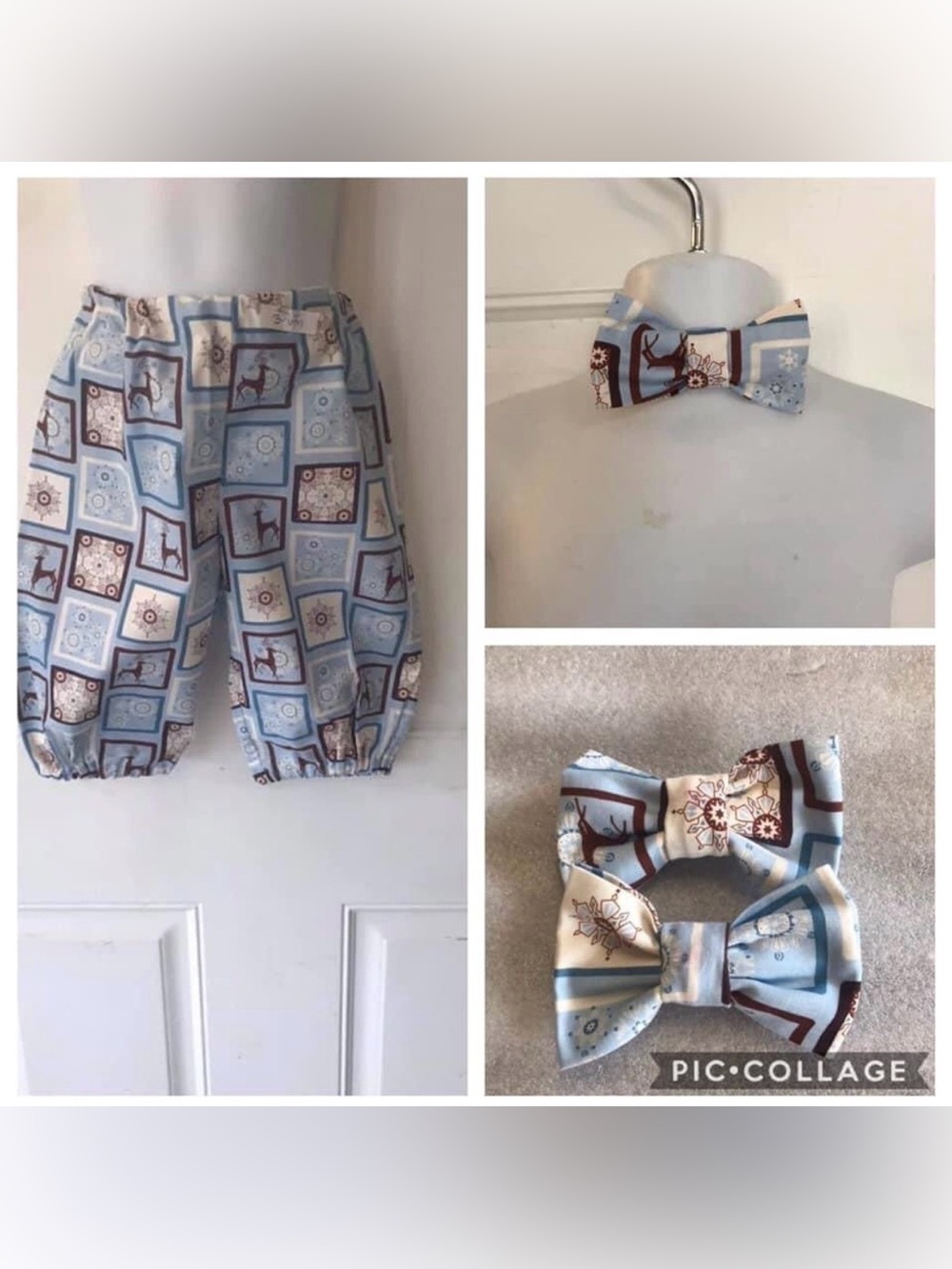 NWOT Unisex 3/6M Custom Sewn Brown/white/blue snowflake/deer elastic hem pants